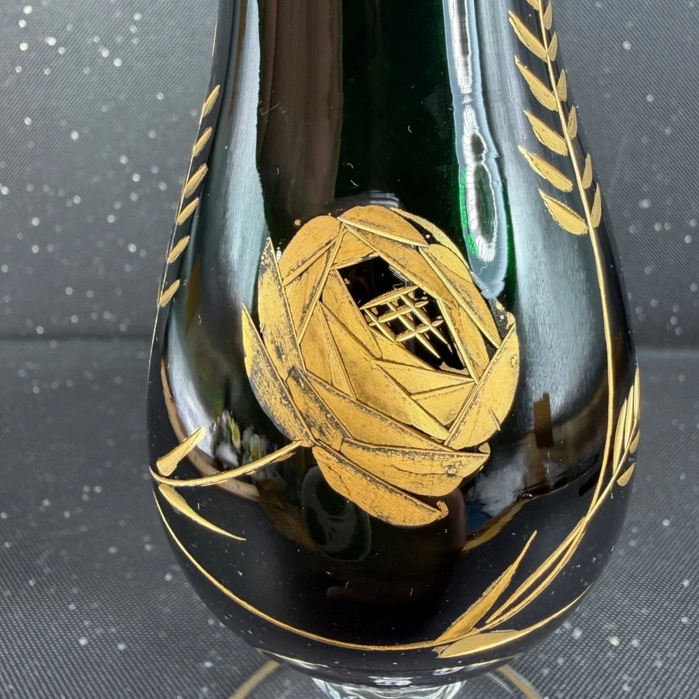Vintage Emerald Green Glass Bud Vase Gold Rose Wheat Hand Painted Etched 10 Inch